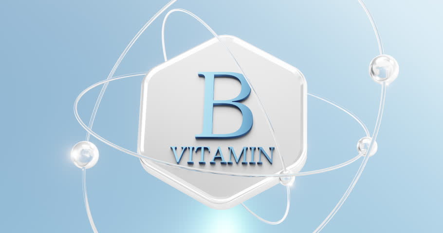 vitamin b inscription on a hexagon with rotating atoms and orbits, vitamin b complex, Thiamine, Riboflavin Royalty-Free Stock Footage #1109953561