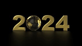 Gold New Year and globe. The date of the new year 2024 and the planet Earth. Seamless animation