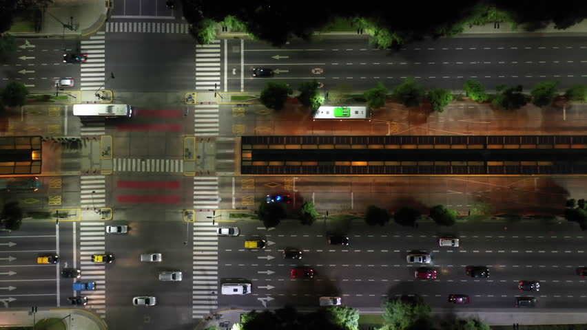 Nocturnal aerial view: Aerial Motion Shot of Buenos Aires Avenida 9 de Julio
