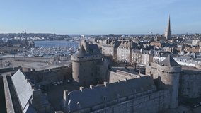 Saint-Malo Castle and cityscape, Brittany in France. Aerial sideways