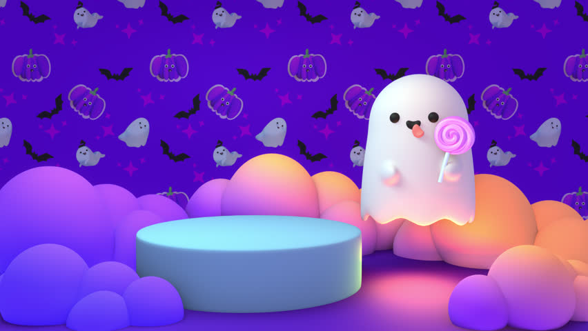 Looped cartoon product display podium and cute ghost with lollipop animation. Royalty-Free Stock Footage #1109963801