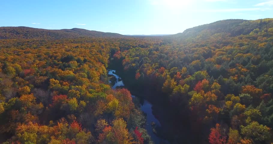 Fall Colors River Sunset Aerial Flyover