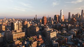 Establishing Aerial View Shot of New York City NY, NYC, United States, midtown Manhattan, downtown Manhattan, New York Skyline, superb gold
