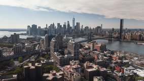 Establishing Aerial View Shot of New York City NY, NYC, United States, superb New York Skyline, day, One World Trade Center, Wall Street, New York Stock Exchange, Woolworth Building, Brooklyn Bridge