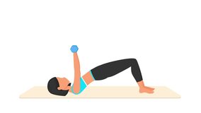 Dumbbell decline floor press exercise tutorial. Female workout on mat. Fitness woman exercising. Looped 2D animation with young girl character training. Sport and healthy lifestyle concept.