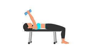 Dumbbell lying triceps extension exercise tutorial. Female workout on mat. Fitness woman exercising. Looped 2D animation with young girl character training. Sport and healthy lifestyle concept.