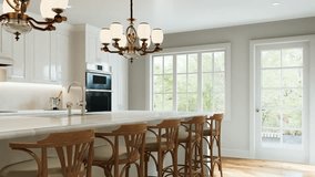 Traditional white kitchen with long island and wooden chairs with varnished wood flooring. Classic kitchen with large chandeliers and kitchen appliances. 3d animation. 3D Illustration - Powered by Shutterstock - Get 15% off with code: PIKWIZARD15