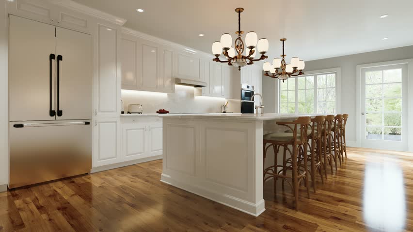 Traditional white kitchen with long island and wooden chairs with varnished wood flooring. Classic kitchen with large chandeliers and kitchen appliances. 3d animation. 3D Illustration