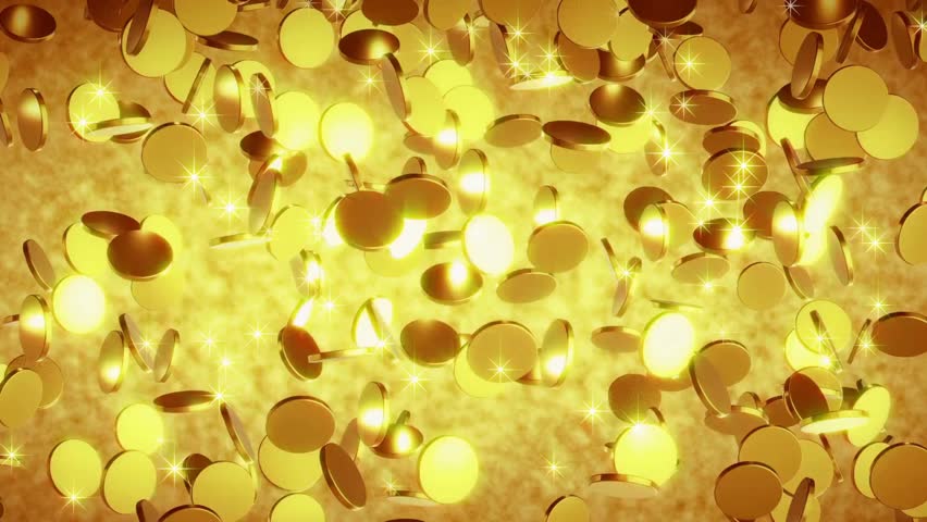 Glowing gold coins falling on a yellow background from the top of the frame towards the camera view. animation 3D render Royalty-Free Stock Footage #1109970405