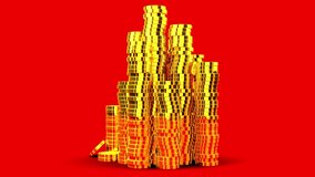 Gold coin stop motion animation Four piles of gold money coins decreasing fading disappear one by one at white isolated background, financial trading gambling
