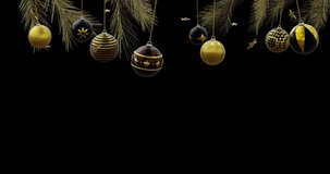 Black and gold baubles swinging on christmas tree with gold stars on black background, copy space. Christmas, decorations, tradition and celebration digitally generated video.