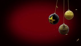 Black and gold christmas baubles, spiraling shooting star and feliz navidad text on red glow. Christmas, decorations, tradition, spanish, greeting and celebration digitally generated video.
