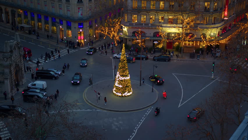 Paris, France Christmas tree illuminated at night during the Christmas season in centre Paris