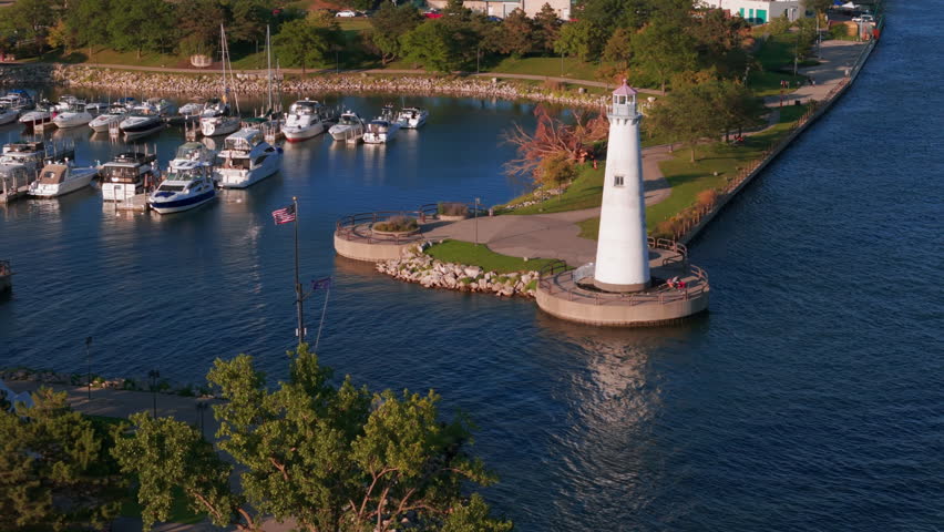 Detroit Michigan Aerial shot from near Milliken Park Lighthouse with river and downtown skyline 