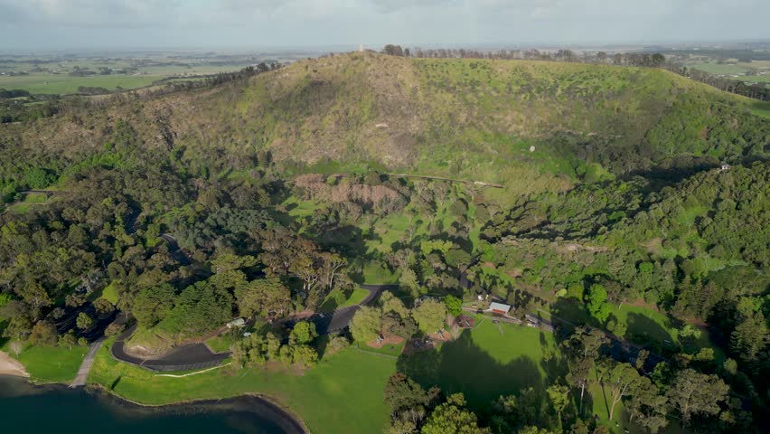 Daytime aerial footage of Valley Lake (Ketla Malpi) in Mt Gambier, South Australia