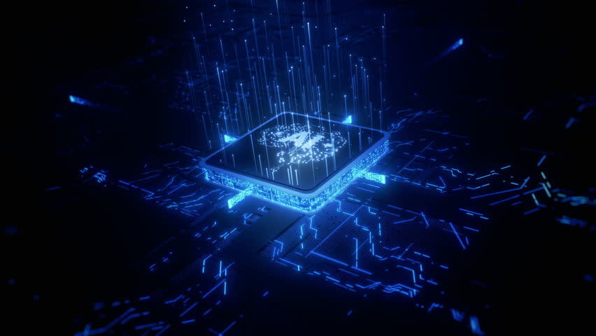 Artificial intelligence concept. Brain over computer chip on circuit board. Chatbot and learning modern computer technology, Technology digital abstract background 4k
