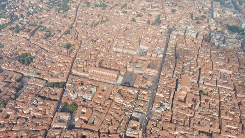 Bologna, Italy. Old Town. Basilica of San Petronio, Piazza Maggiore. Panoramic view of the city. Summer, Aerial View