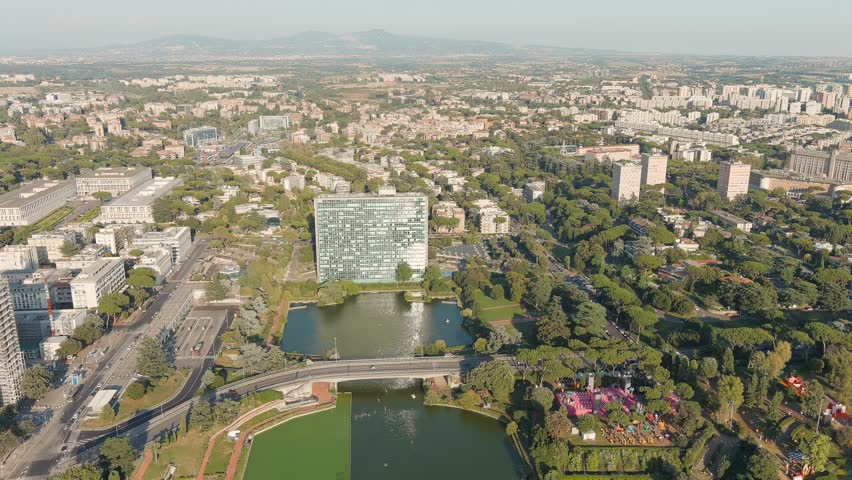 Rome, Italy. Lake Lago dell EUR. The World s Fair Quarter is a vast complex of buildings built on the orders of dictator Benito Mussolini, Aerial View, Point of interest