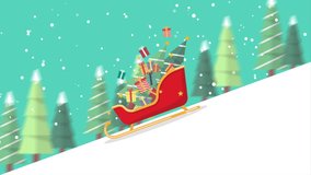 Santa sleigh with pile of gift boxes is sliding from the top hill. 4k video animated