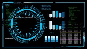 Futuristic business HUD Display Data. Infographic high tech screen with business data chart elements (sliders, bars, loads, data, indicators, graphs, texts codes and more). 4K Video overlay template - Powered by Shutterstock - Get 15% off with code: PIKWIZARD15