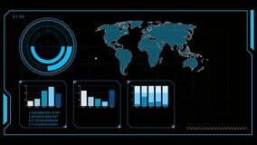 Explore a AI world of data with futuristic business HUD display elements (sliders, bars, loads, data, indicators, graphs, texts codes and more). 4K video overlay template for cutting-edge infographics