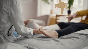 Hands traumatologist surgeon examine broken leg in orthopedic cast of teenage girl at home visit. Woman doctor touch leg talk with patient listen explaining complaints. Injury treatment cure check up. - Powered by Shutterstock - Get 15% off with code: PIKWIZARD15