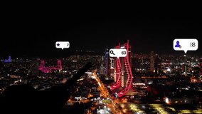 Social media icons fly over city downtown showing people engagement connection through social network application platform . Concept for online community and social media marketing strategy . - Powered by Shutterstock - Get 15% off with code: PIKWIZARD15