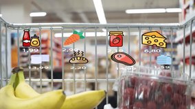Futuristic shopping trolley in grocery store. Supermarket cart with holographic interface showing goods prices. Augmented reality. Animation. - Powered by Shutterstock - Get 15% off with code: PIKWIZARD15