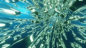 3d loop animation abstract glowing objects flying through in space with dim blue light. Tunnel video