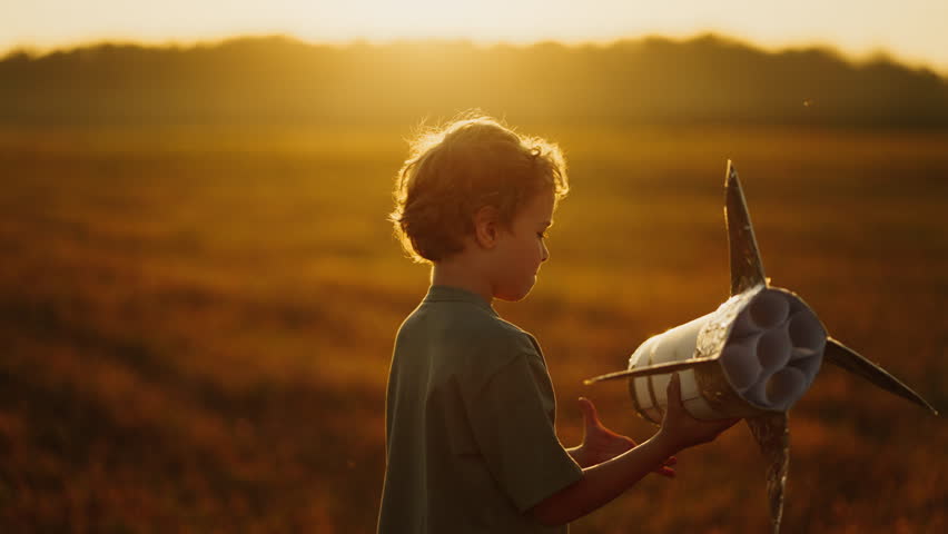 Child Boy Dreaming About Space Travel And Discovery, Playing With Handmade Rocket In Meadow