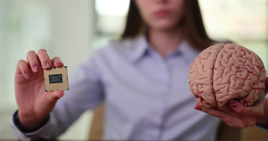 Person computer chip in model of human brain. Artificial intelligence and chipping Royalty-Free Stock Footage #1109998053