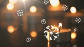 Animation of frohe weihnachten text over snow falling and candle in christmas background. Christmas, tradition and celebration concept digitally generated video.
