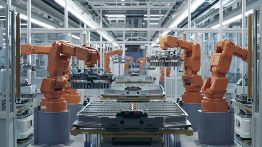 EV Battery Pack Automated Production Line Equipped with Orange Advanced Robot Arms. Row of Robotic Arms inside Bright Plant Assemble Batteries for Automotive Industry Modern Electric Car Smart Factory Royalty-Free Stock Footage #1110001803