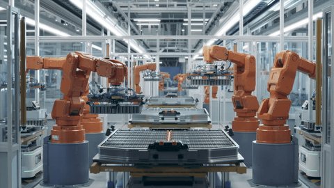 EV Battery Pack Automated Production Line Equipped with Orange Advanced Robot Arms. Row of Robotic Arms inside Bright Plant Assemble Batteries for Automotive Industry Modern Electric Car Smart Factory 스톡 비디오