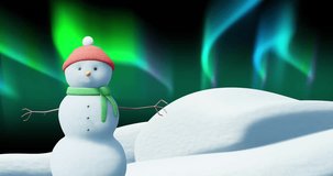 Animation of christmas snow man moving over aurora borealis on black background. Christmas, tradition and celebration concept digitally generated video.