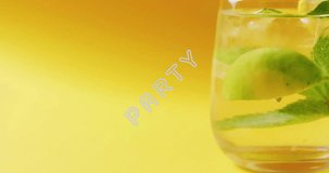Animation of party neon text and cocktail on yellow background. Party, drink, entertainment and celebration concept digitally generated video.