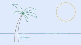 summer seascape, sunset on the sea, palm tree, animated video