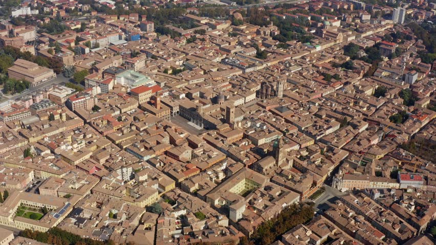 Aerial view on Piazza Prampolini in the historic center of Reggio Emilia, Italy. In the background there is the Basilica of San Prospero, patron saint of the city.