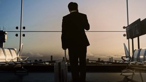 Full Body Back View Of Asian Businessman With Rolling Suitcase In Boarding Lounge At The Airport, Walking And Talking On Smartphone While Waiting For Flight, Airplane Takes Off Outside The Window - Powered by Shutterstock - Get 15% off with code: PIKWIZARD15