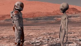 Astronaut meets a Martian alien on Mars and shakes his hand. First contact. Alien on Mars. Colonization and space exploration concept. 3d rendering. Elements of this video furnished by NASA.