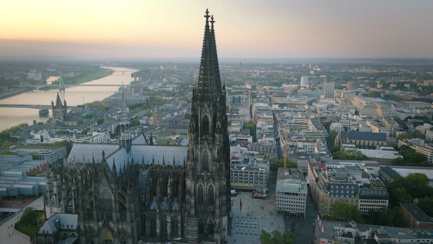 Cologne cathedral aerial skyline drone footage of city vologne germany downtown view,church koln.