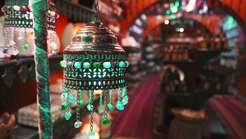 Close up of turquoise egyptian lantern in a souvenir shop Royalty-Free Stock Footage #1110014391