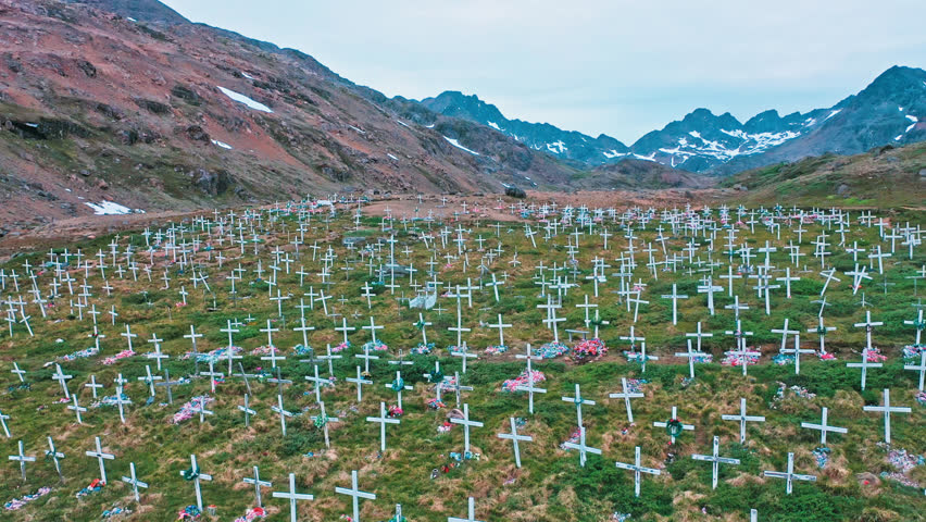 Cemetery in Tasiilaq in Greenland with Drone
