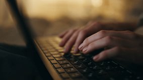 Hands typing keyboard night closeup. Late manager freelancer working computer in dark room. Unrecognized person browsing web studying in evening. Busy journalist writing make marketing research online - Powered by Shutterstock - Get 15% off with code: PIKWIZARD15