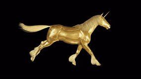 Golden Unicorn - Fantasy Horse - Galloping Run - Side View - Realistic 3D animation loop isolated 