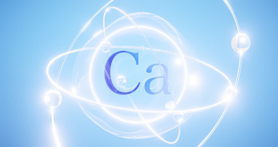 calcium symbol - Ca inside a sphere with orbiting atoms and electrons, calcium carbonate 3d rendering