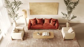 Nature livingroom with terracotta color sofa, minimal picture frame and plants. 3d rendering illustration. 3d visualization. High quality 4k footage video. 3D Illustration