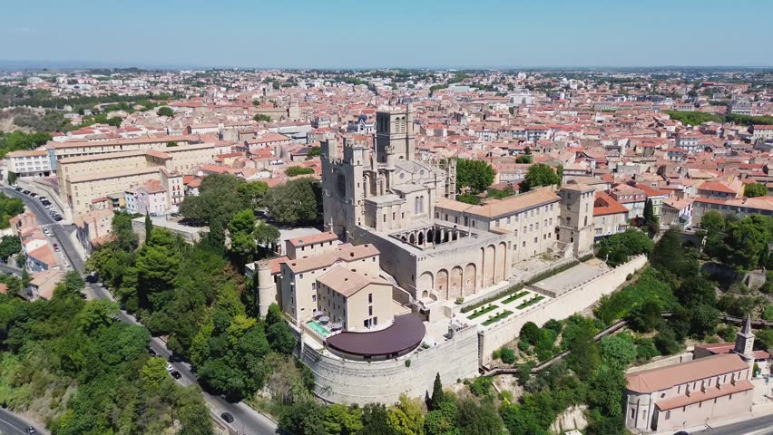 Aerial drone footage of Saint Nazaire Cathedral Béziers France Gothic cathedral overlooking the Orb Valley