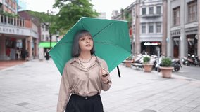 Slow motion video of a young Taiwanese woman with an umbrella strolling down Dihua Street.