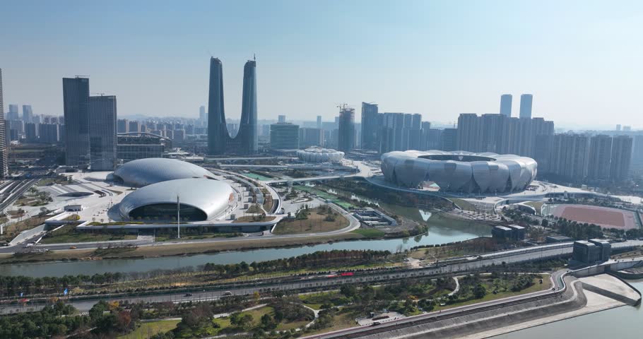 Aerial photography of the landmark of Hangzhou Gymnasium，china Royalty-Free Stock Footage #1110031575